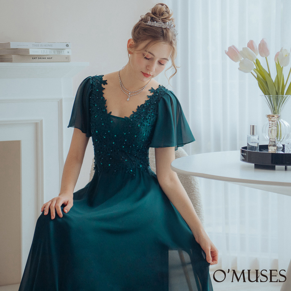 手工雪紡刺繡綠色長禮服19-3025