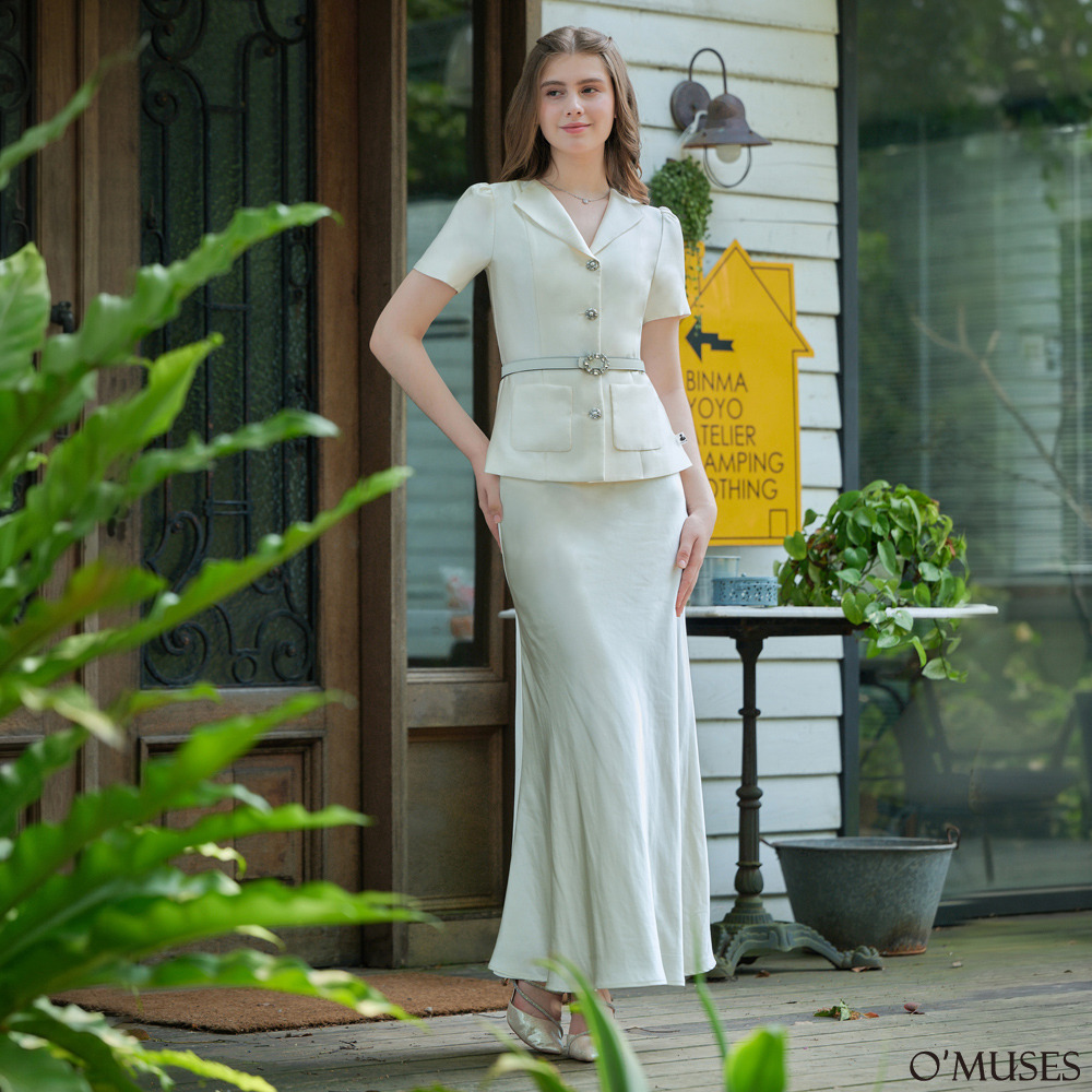 假兩件西裝式米白色長禮服29-33928