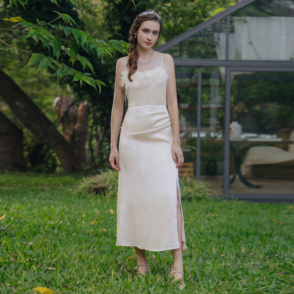 細肩帶鴕鳥毛杏色長禮服29-Y053