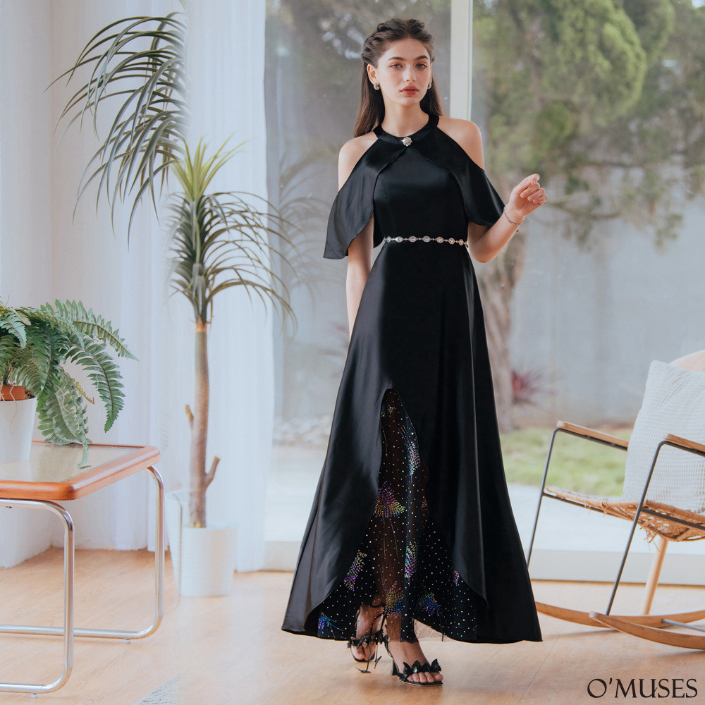 手工削肩網紗拼接黑色長禮服19-2236