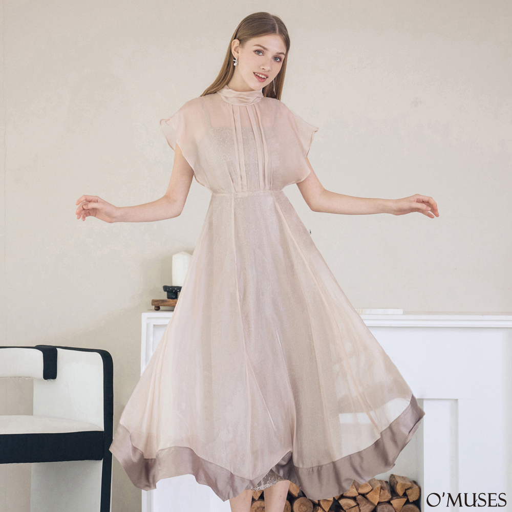 蕾絲雪紡奶油色長洋裝60-31059