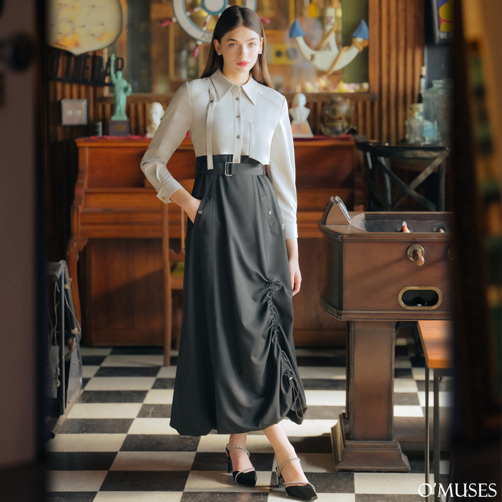 法式抽繩黑色長洋裝60-32342