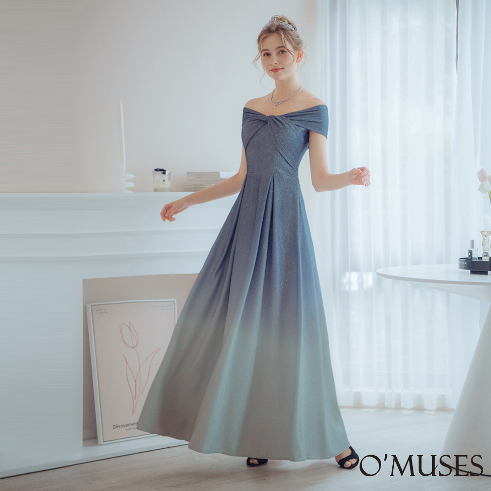 手工一字領金蔥漸層藍色長禮服19-F29