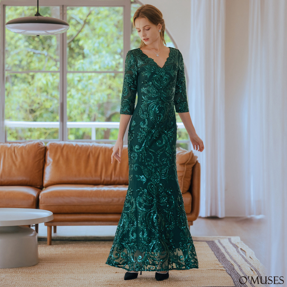 重工刺繡V領綠色魚尾長禮服29-30623