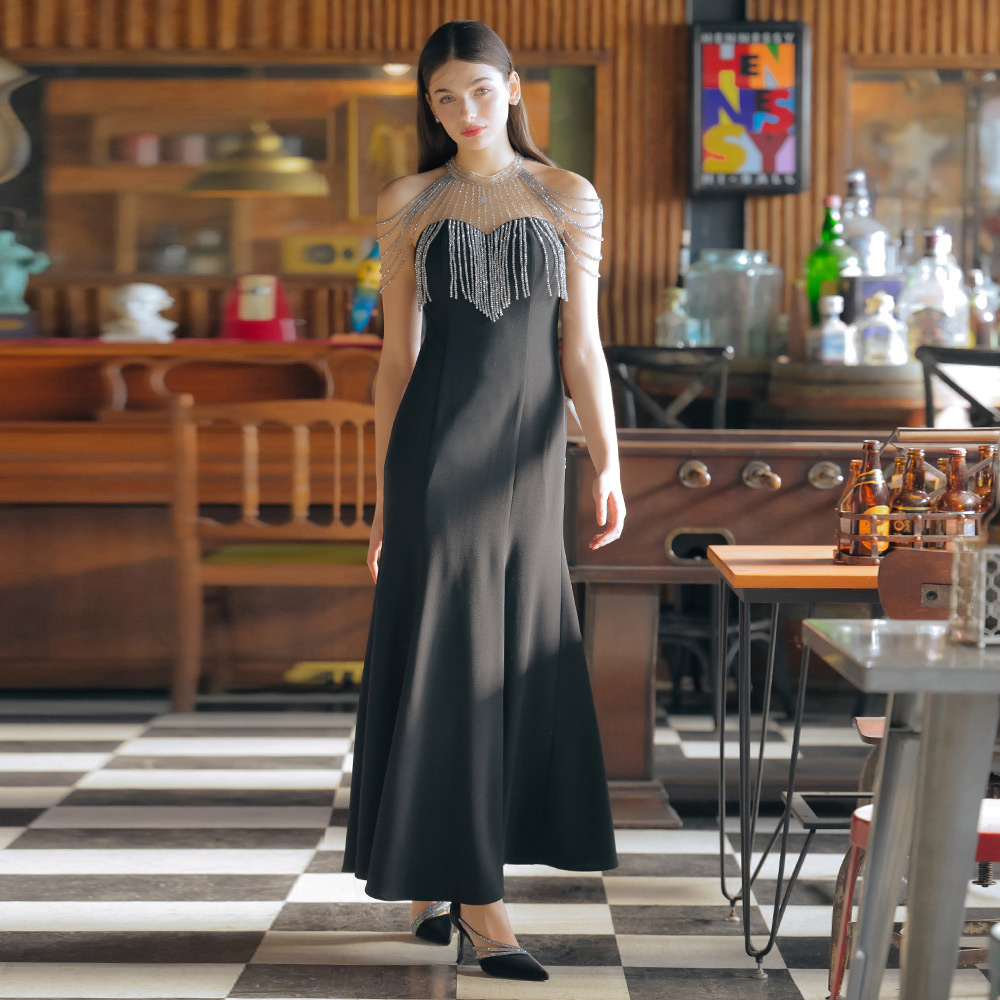 手工流蘇鑽黑色魚尾長禮服29-L511