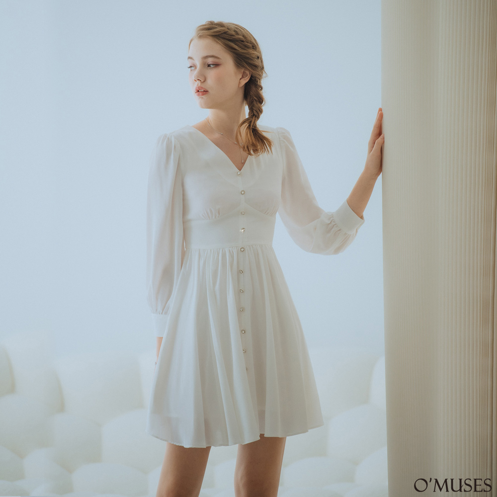 V領雪紡白色短洋裝28-7193