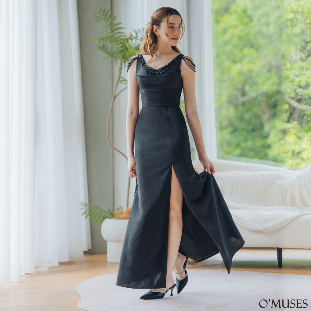 V領水晶珠鍊黑色魚尾長禮服(手工款)19-2540