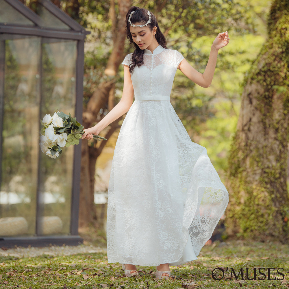 手工蕾絲刺繡白色旗袍長禮服7-2113