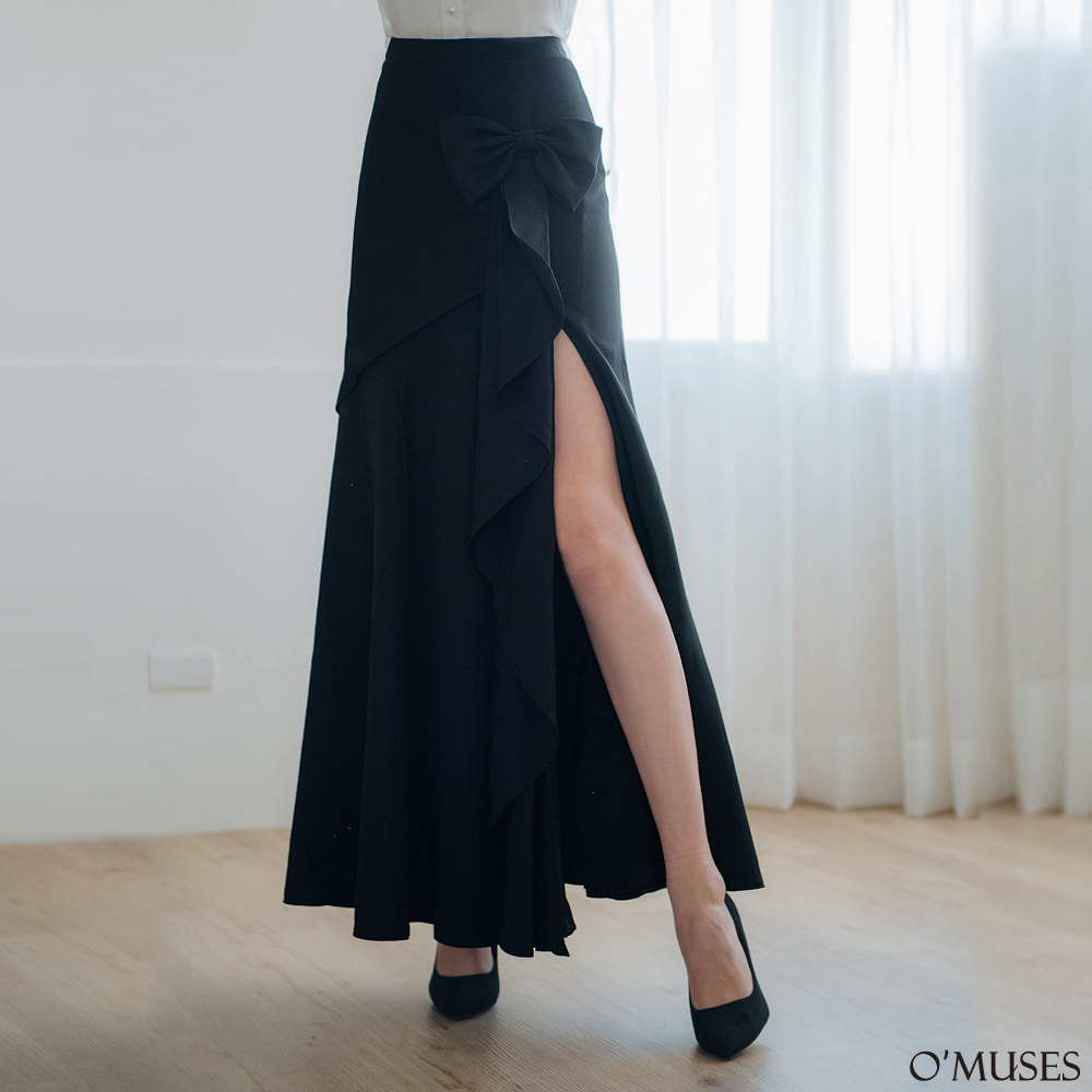 手工蝴蝶結開岔黑色長裙13-2215