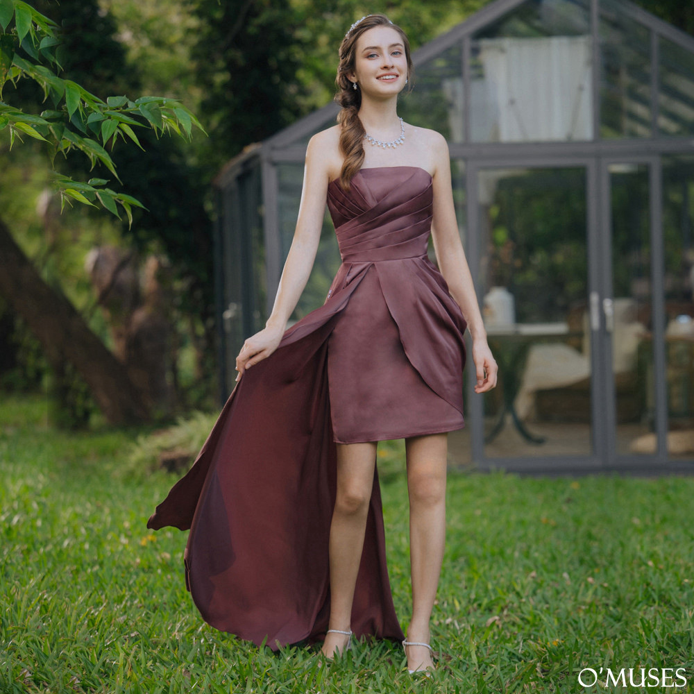 平口壓褶可可色拖尾禮服18-2410