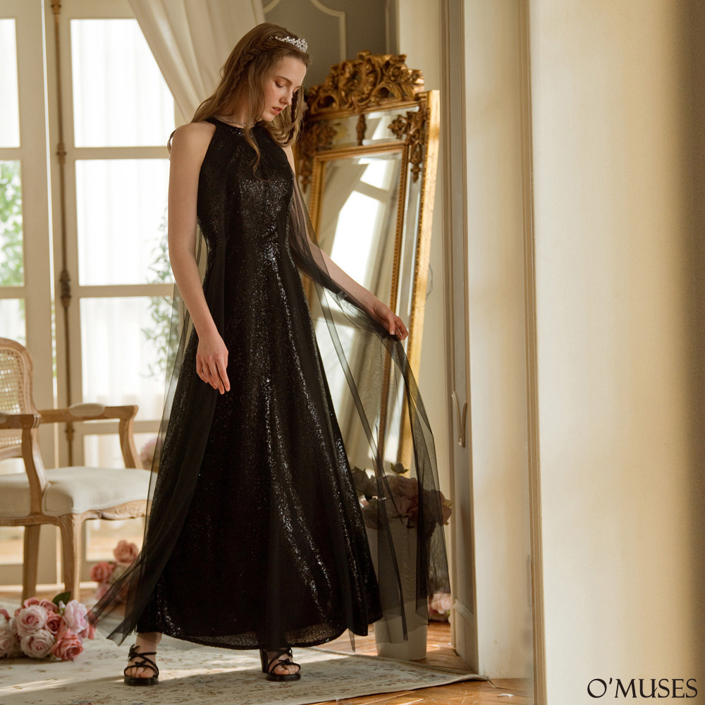 手工網紗亮片黑色長禮服19-7339