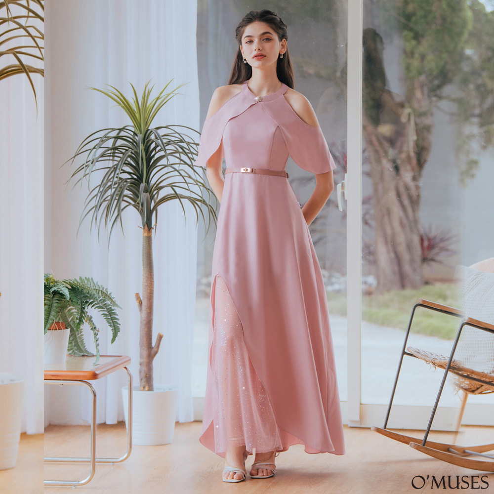 手工削肩網紗拼接粉色長禮服19-2236