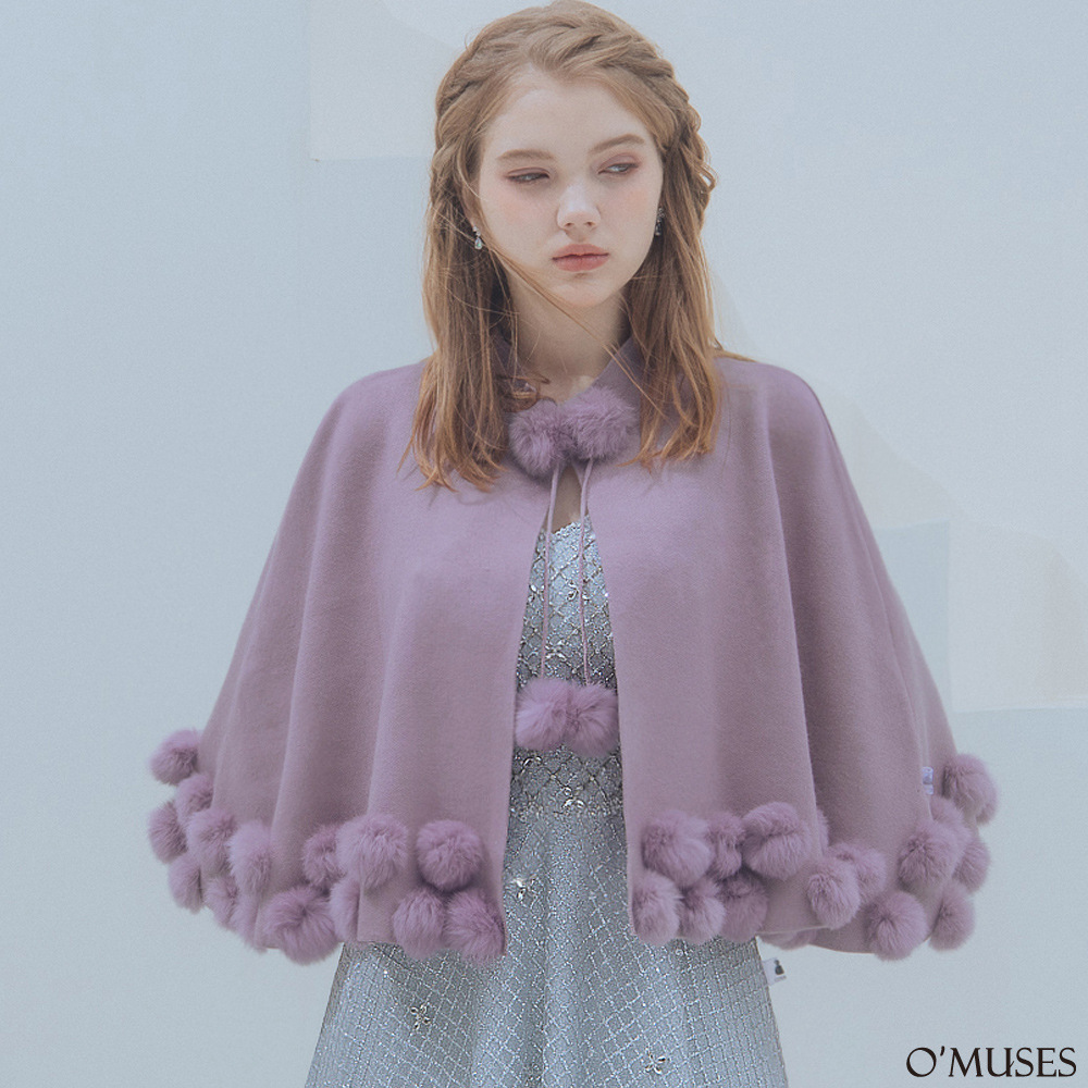 毛呢斗篷兔毛球紫色披肩外套11-7378