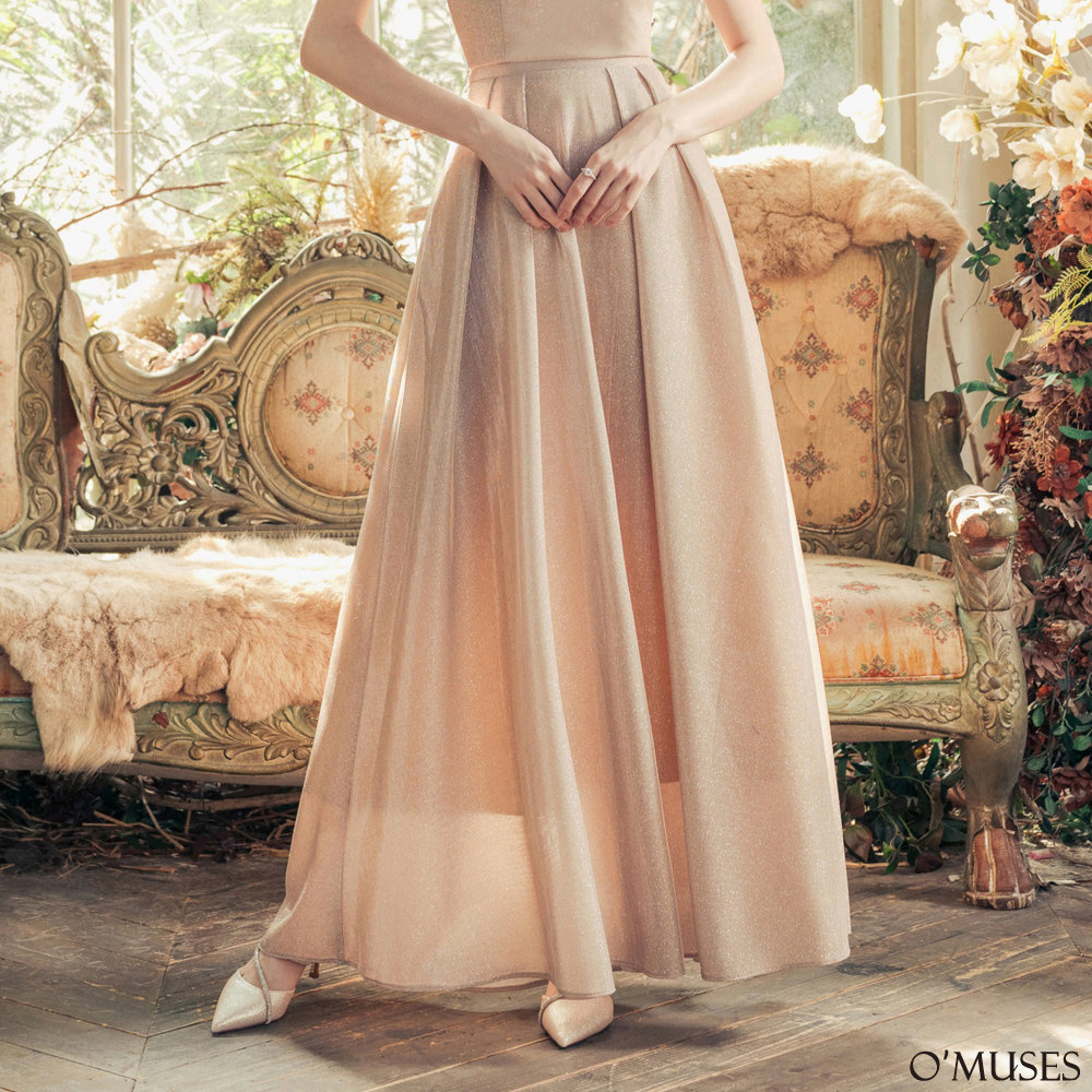 手工金蔥亮粉杏金色長裙13-7580