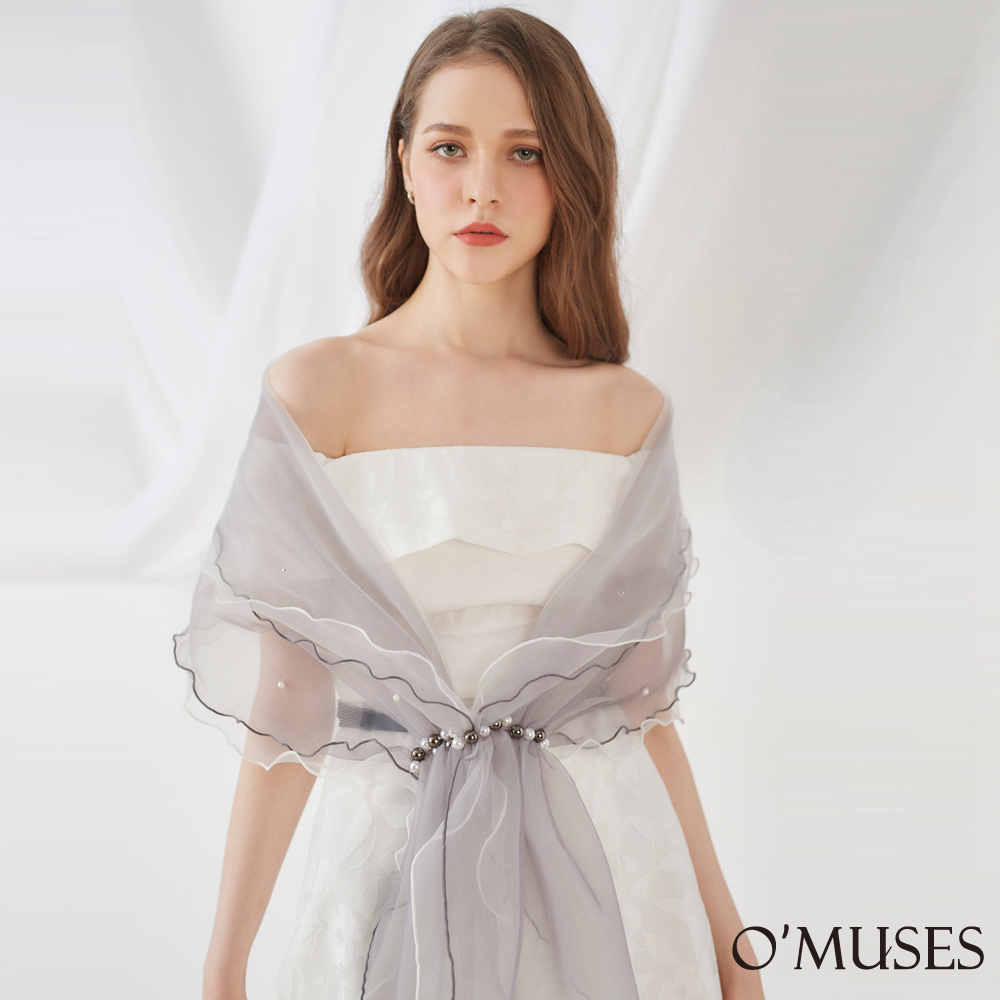 雙層歐根紗灰白撞色珍珠披肩11-5805