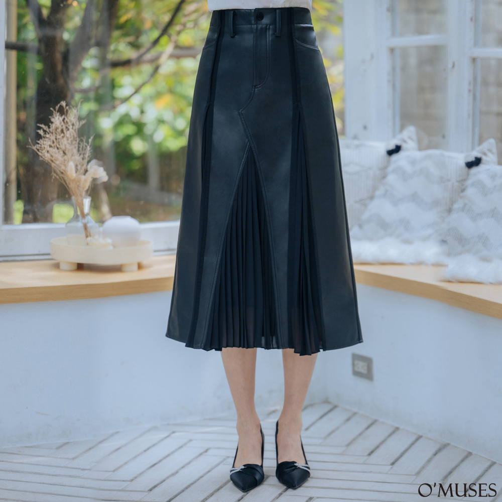 重工百褶拼接黑色皮革裙13-31214