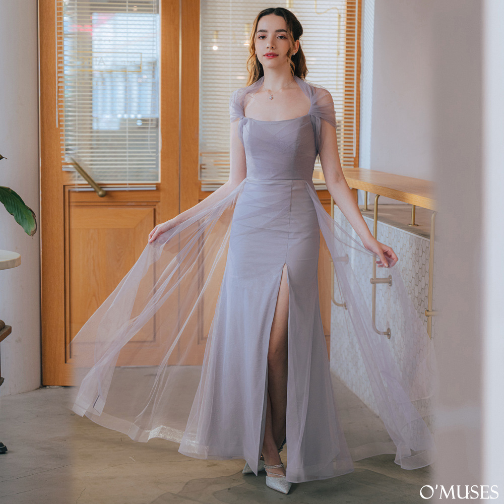 兩件式夢幻輕婚紗灰色長禮服(手工款)19-7708