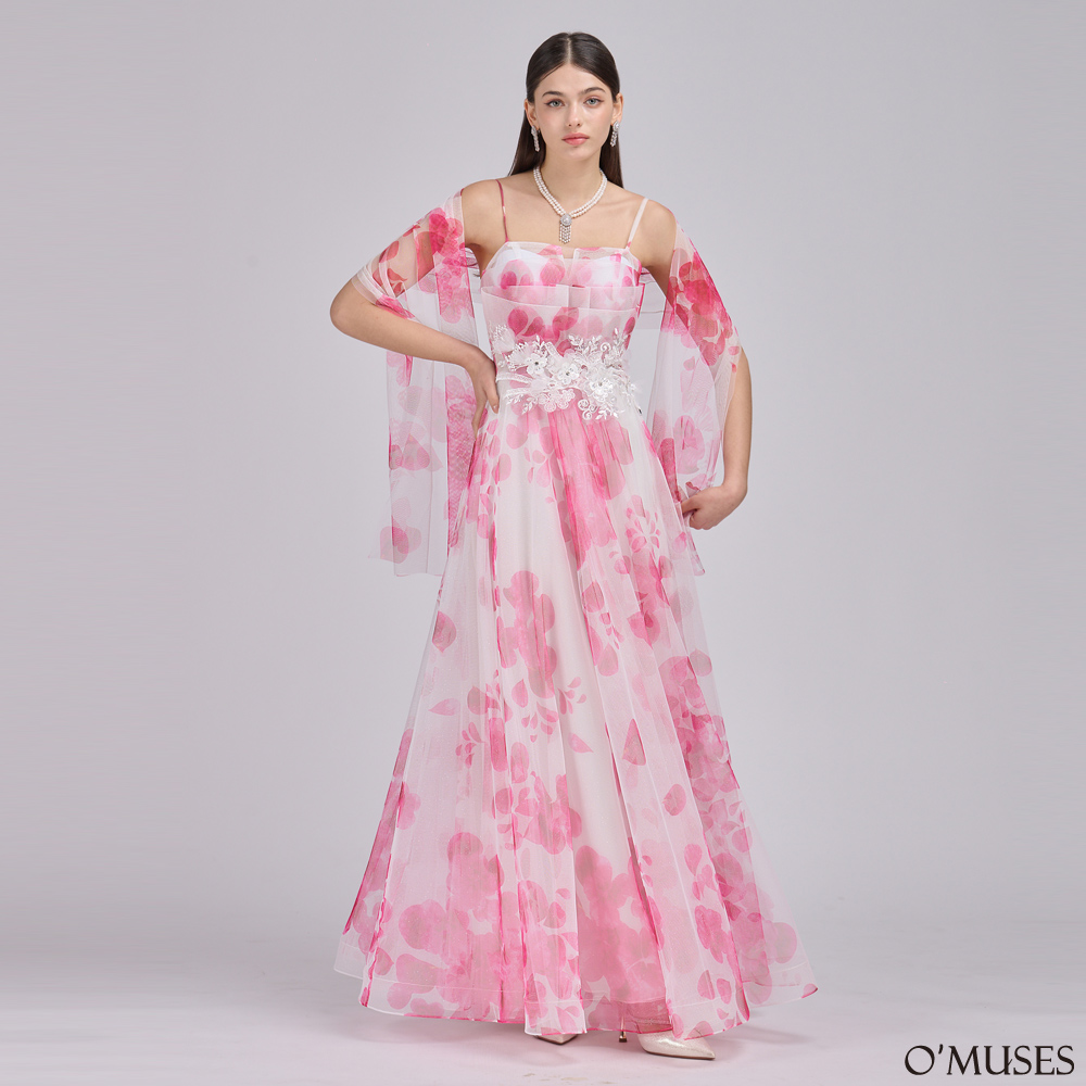 細肩帶印花披肩網紗紅色長禮服(手工款)19-7626