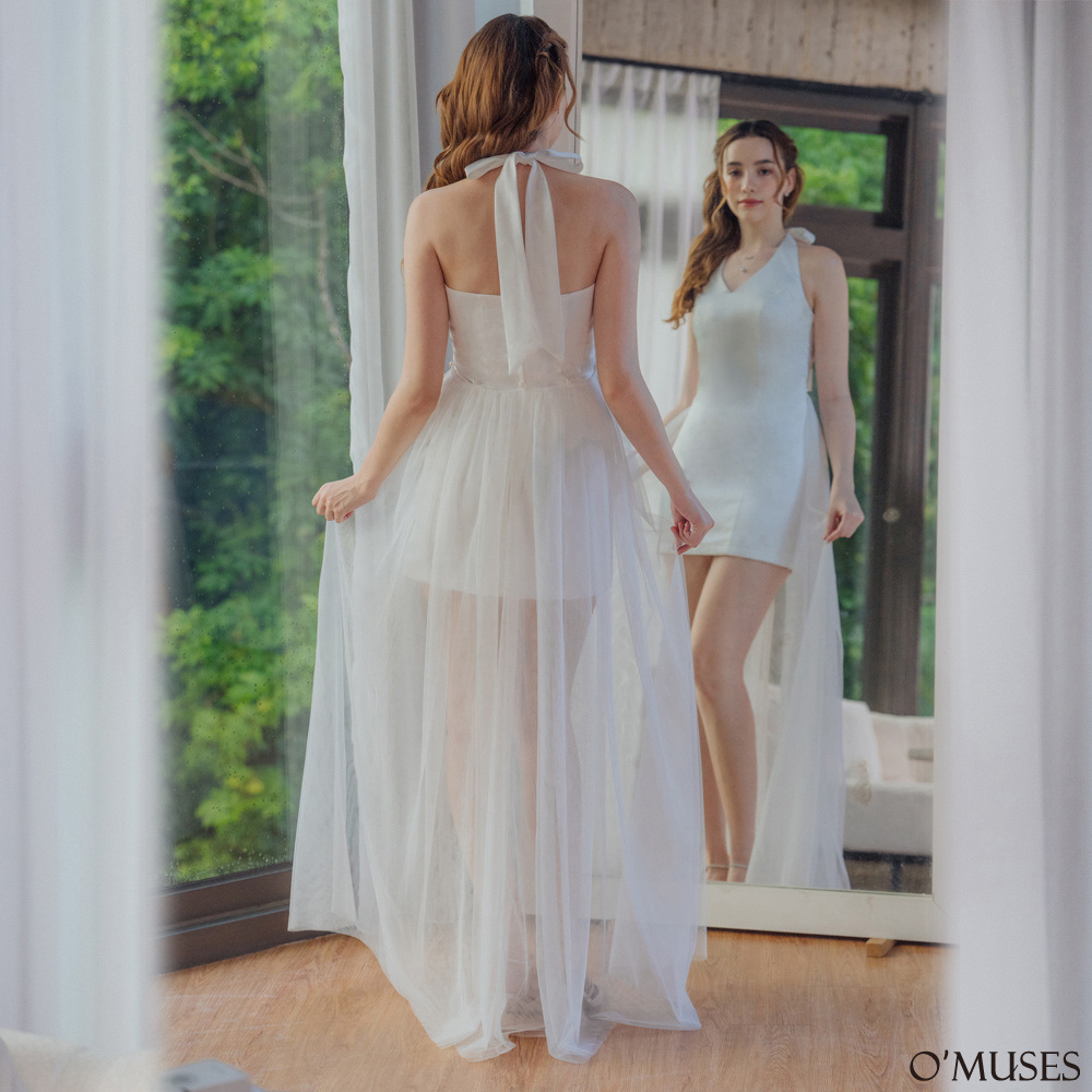 V領綁帶網紗白色短禮服18-2542