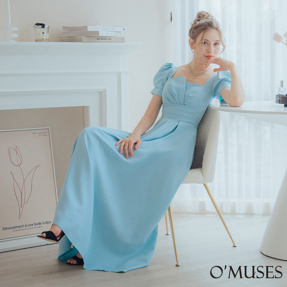 手工方領壓褶藍色長禮服19-A92111