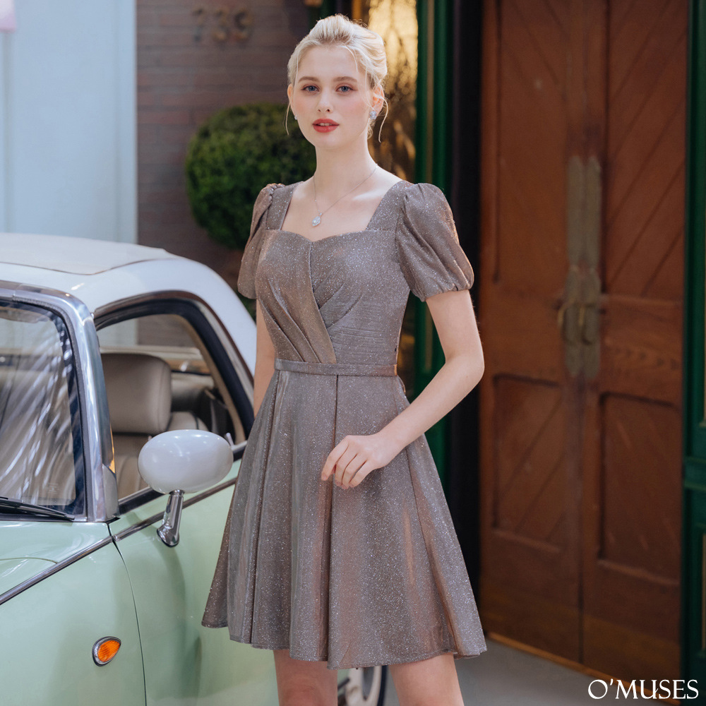 手工壓褶金蔥亮粉茶色短禮服18-F366