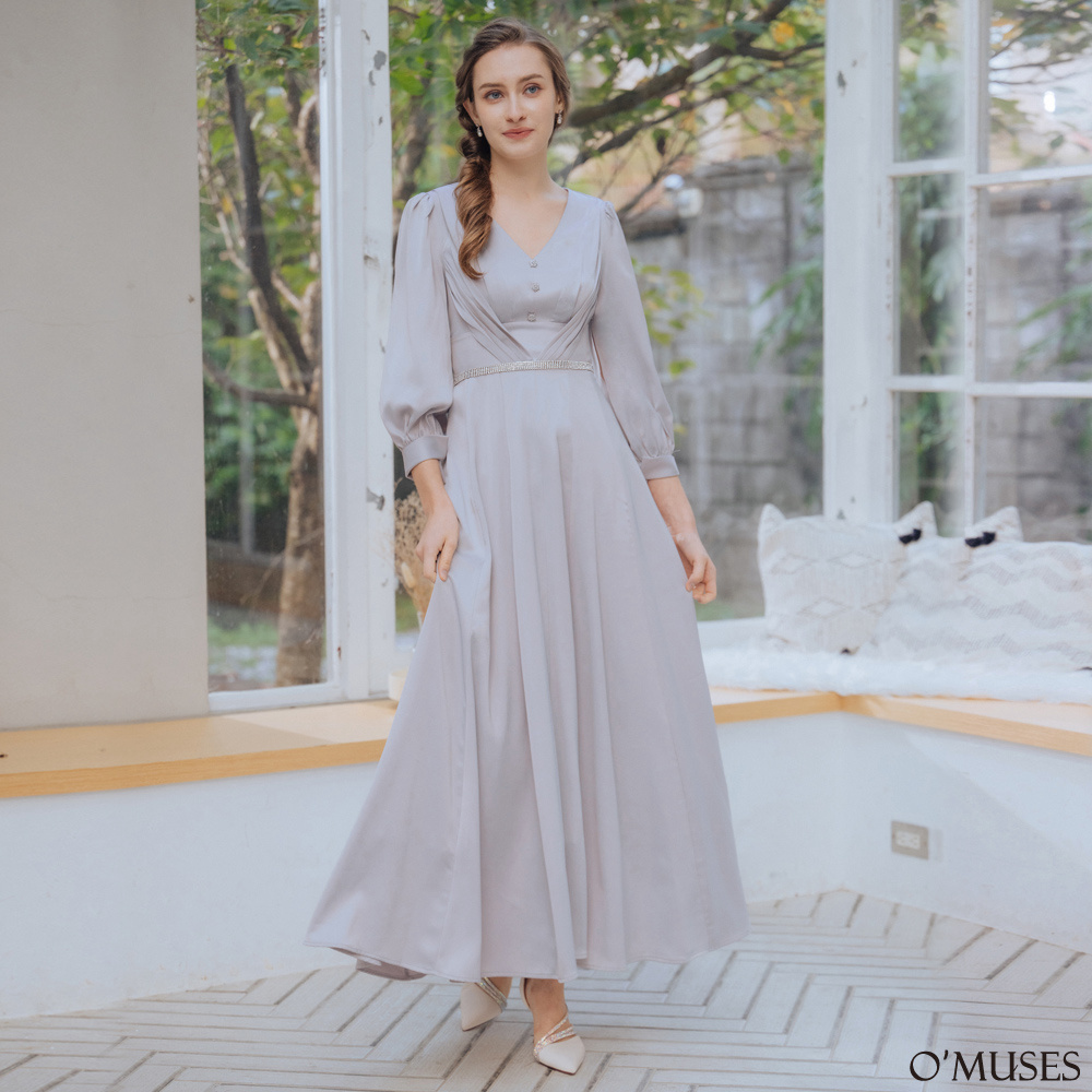 V領抓褶鋯石釦灰色長禮服29-30584