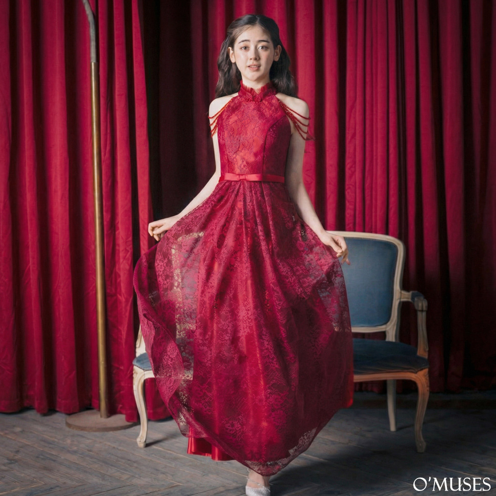 蕾絲削肩珠袖紅色旗袍禮服7-2603