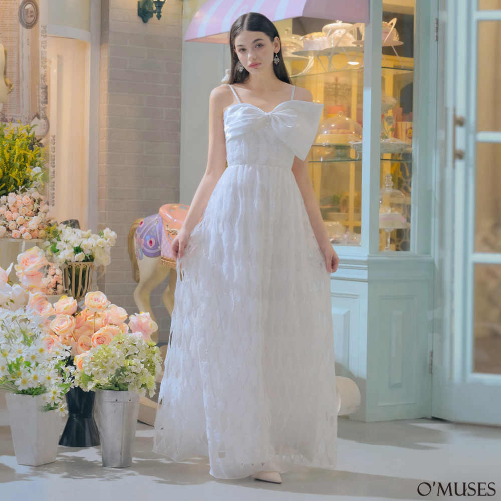 細肩帶蝴蝶結格紋亮片白色長禮服(手工款)19-2501