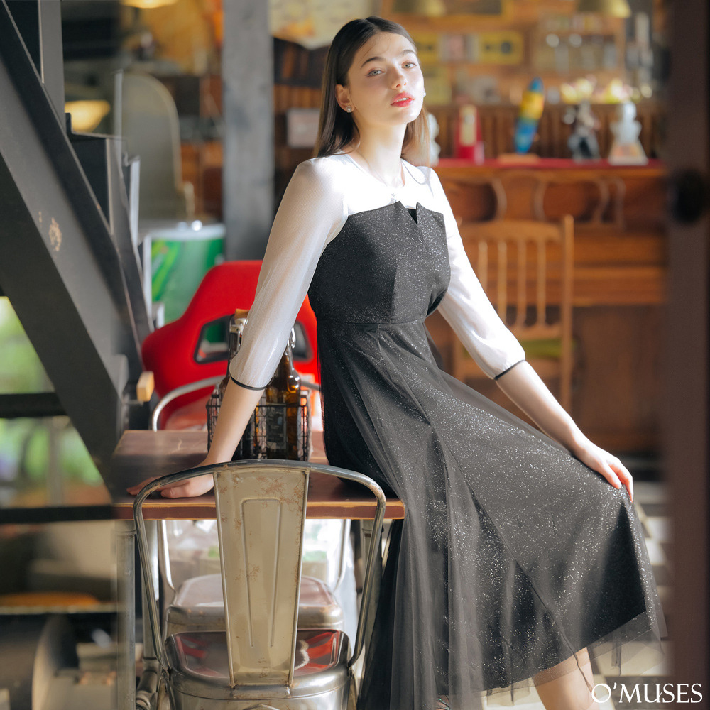 輕奢星沙拼接黑色長洋裝Y60-L497