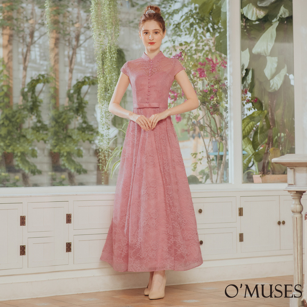 手工蕾絲刺繡粉色旗袍長禮服7-2113