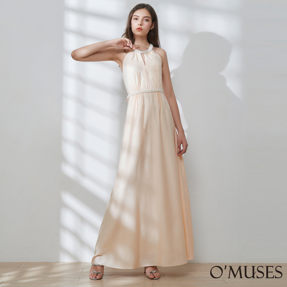 手工削肩簍空杏色長禮服19-2037