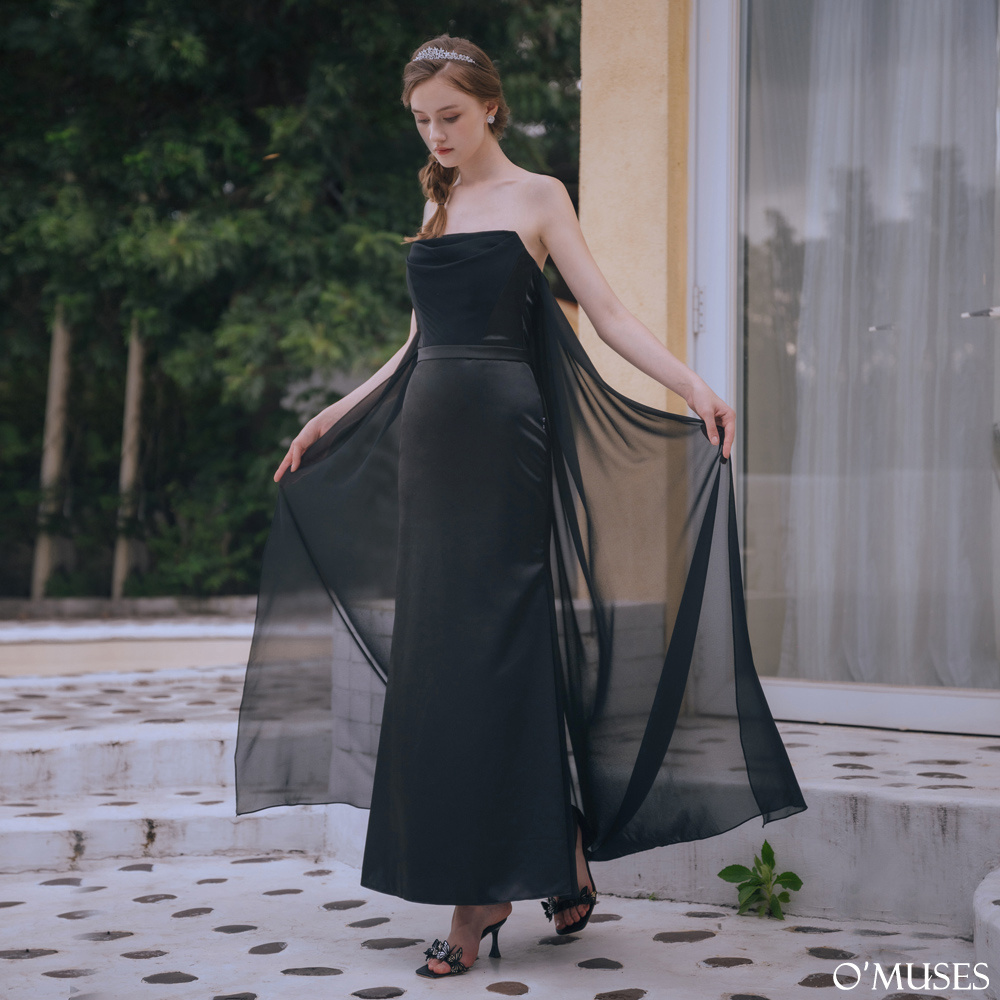 雪紡拼接黑色魚尾長禮服19-7511