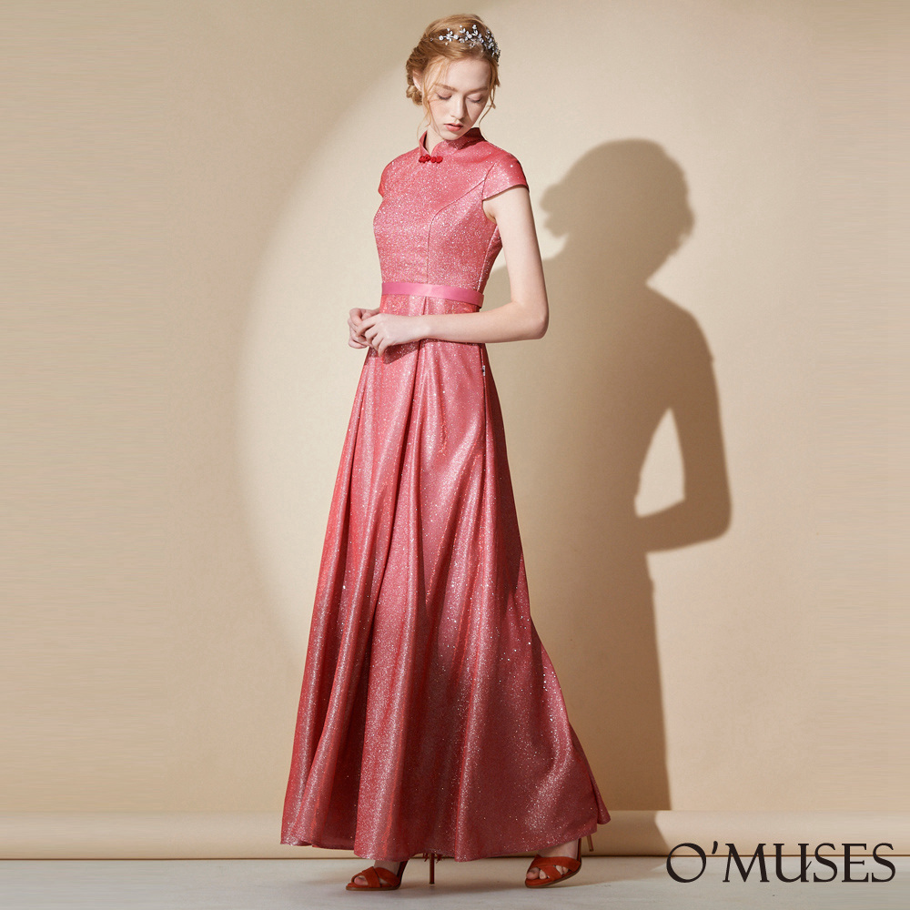 手工金蔥亮粉紅色旗袍長禮服7-A2047