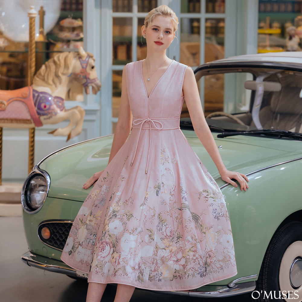 假兩件V領印花粉色長洋裝Y60-L455