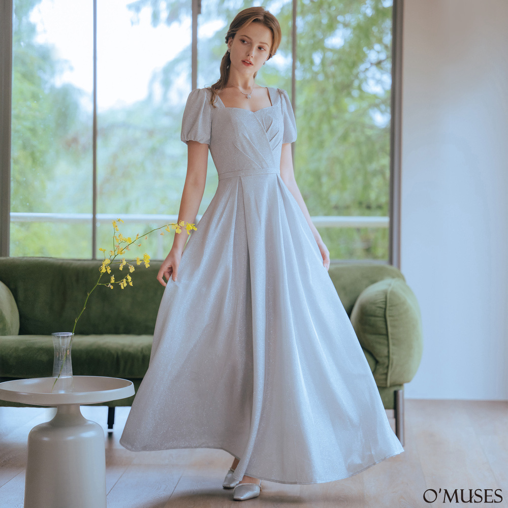 手工壓褶金蔥亮粉白色長禮服19-7-36