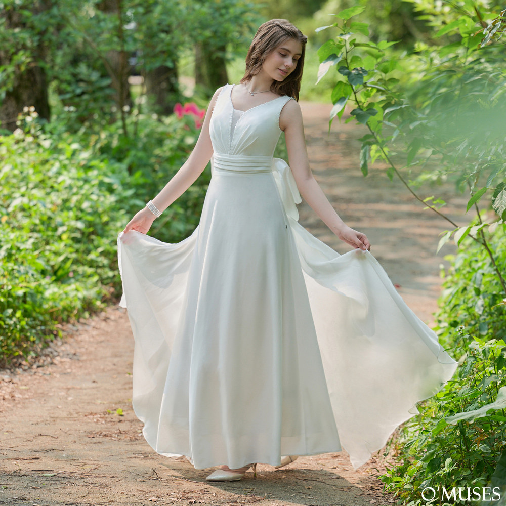 V領蝴蝶結白色飄紗長禮服19-92541