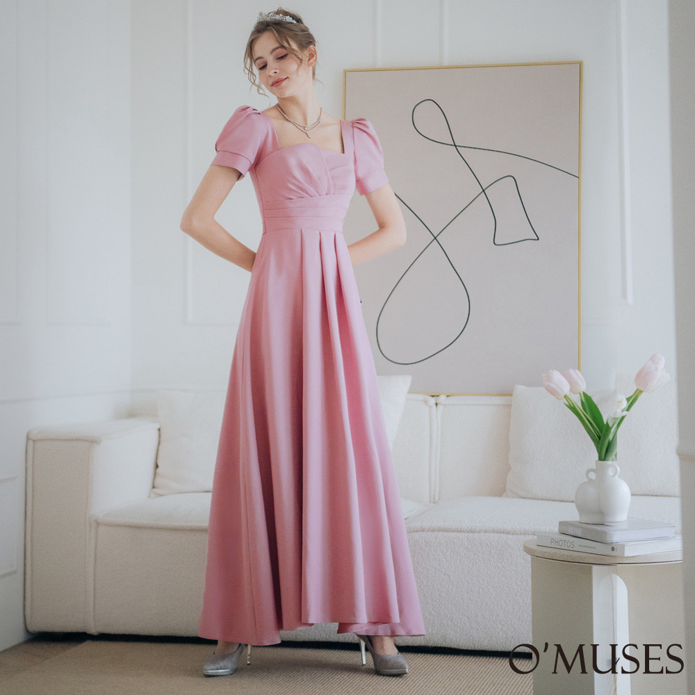 手工方領壓褶粉色長禮服19-A92111