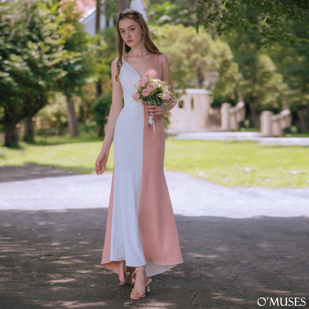 V領拼接撞色粉色魚尾長禮服29-31037