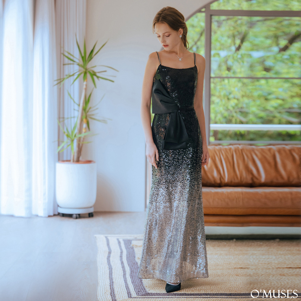 細肩帶滿版亮片黑色魚尾長禮服19-7376