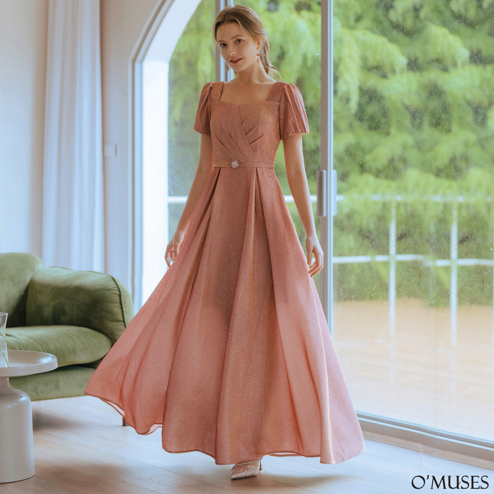 手工壓褶金蔥亮粉紅色長禮服19-7-36