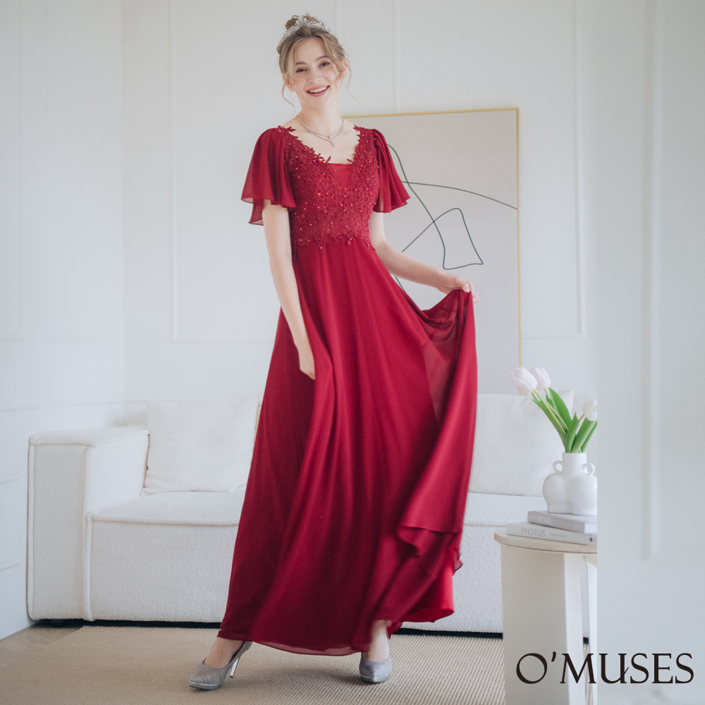 手工雪紡刺繡紅色長禮服19-3025