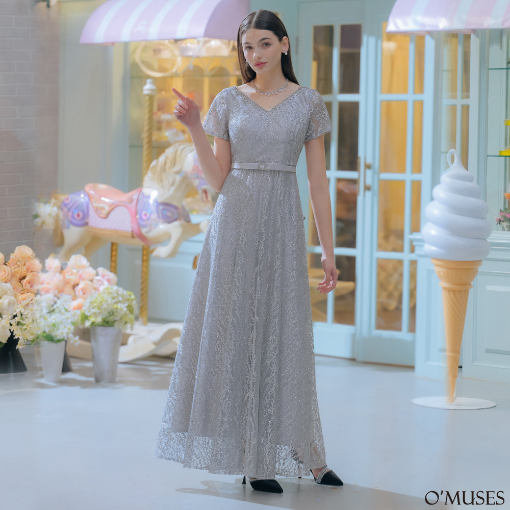 V領亮鑽刺繡亮粉銀色長禮服(手工款)19-333