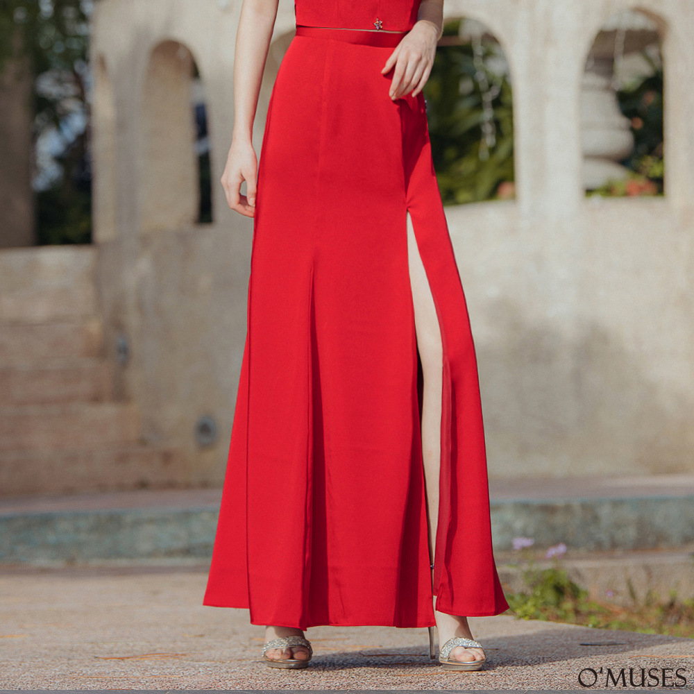 手工開岔魚尾紅色長裙13-L2289