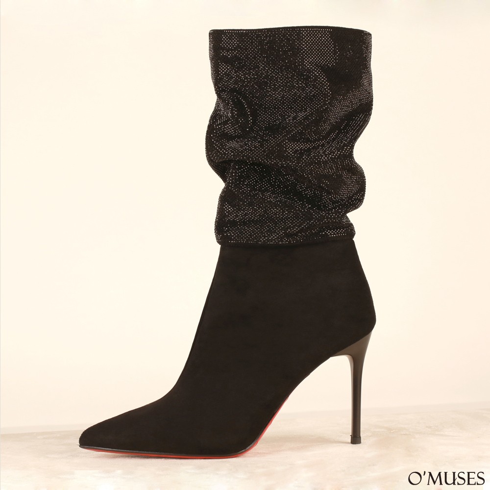 黑色鑽石皺褶高跟靴2-2570