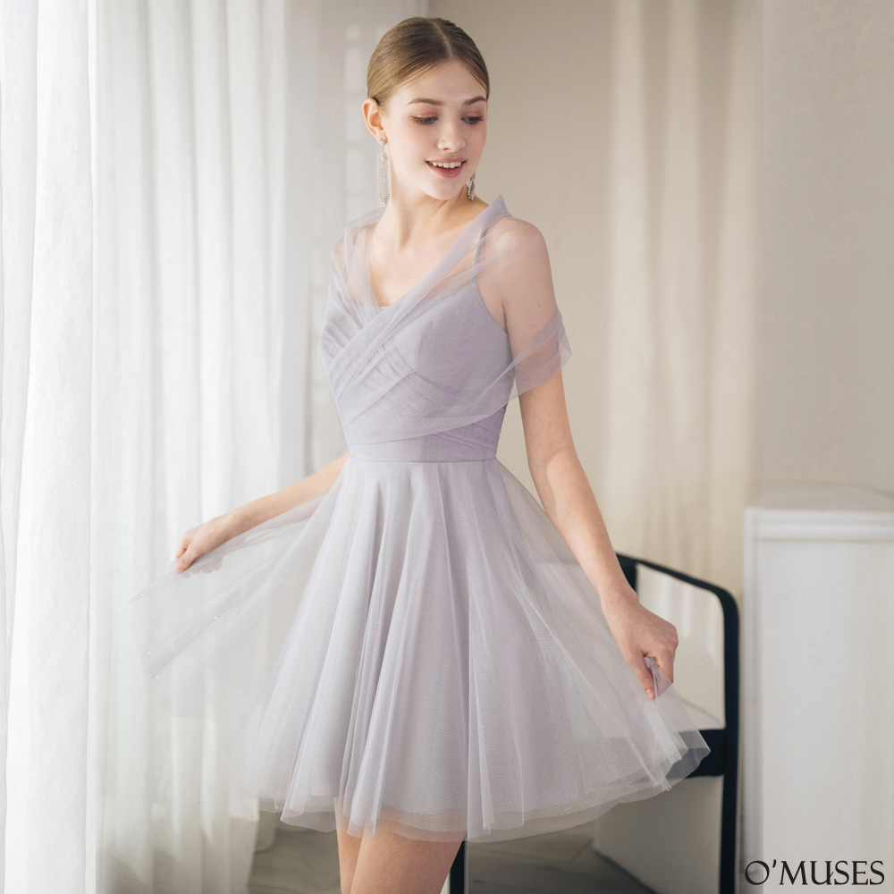 細肩帶網紗灰色短禮服18-7781