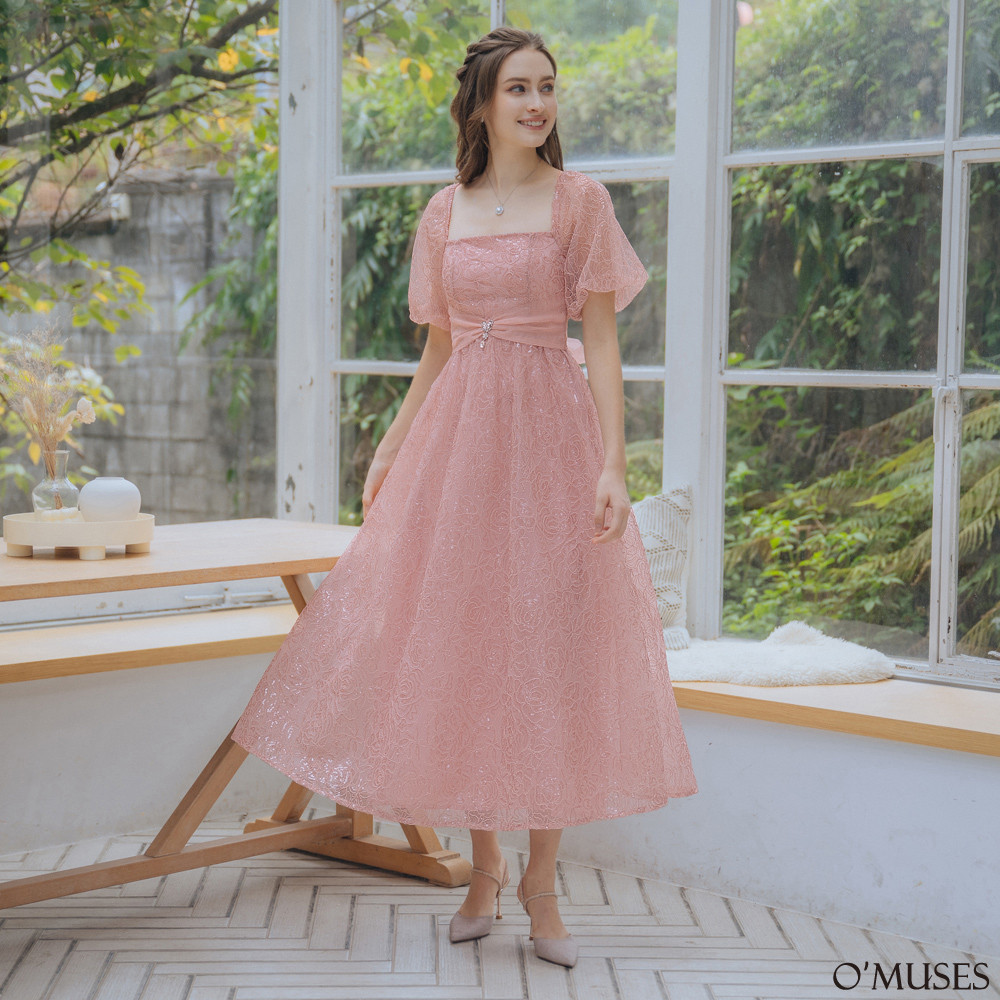 重工刺繡方領一字領粉色長禮服29-H255187