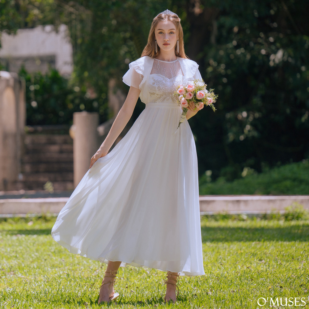 手工蕾絲雪紡刺繡白色長禮服29-29603-1