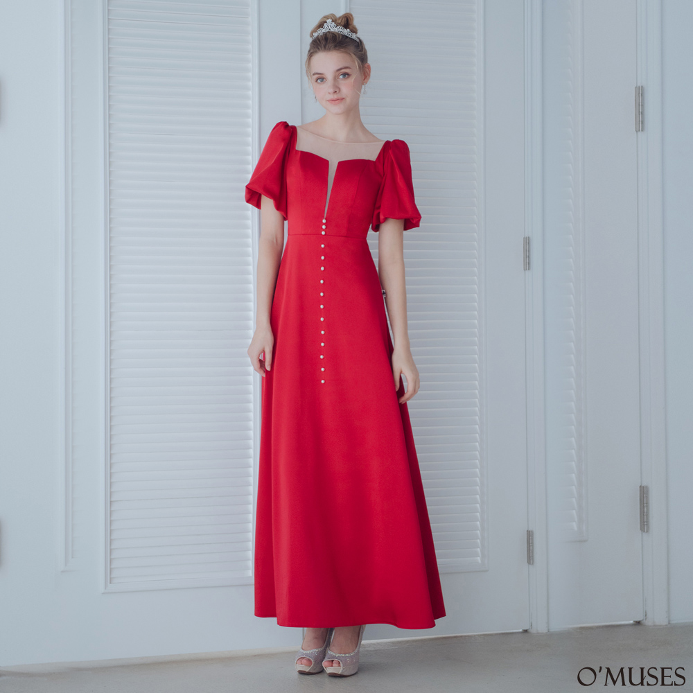 V領蕾絲紅色長禮服19-2213