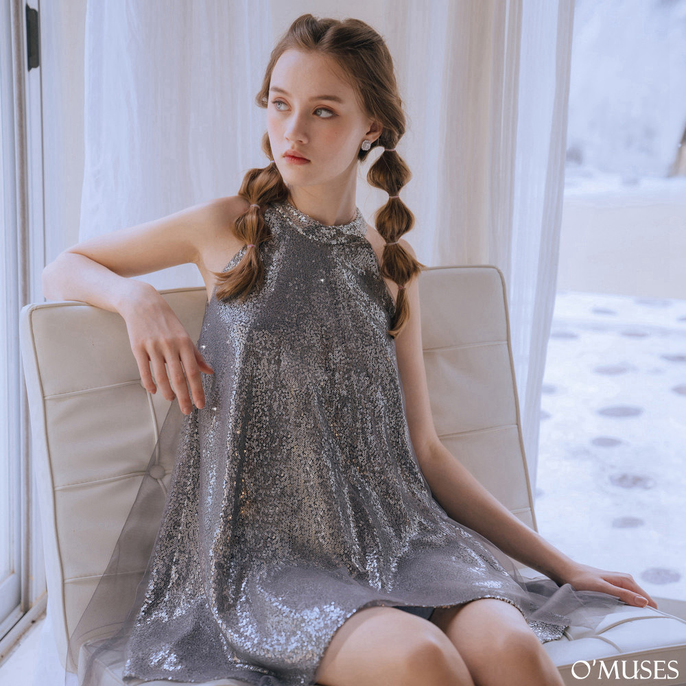滿版亮片網紗灰色短禮服18-24320