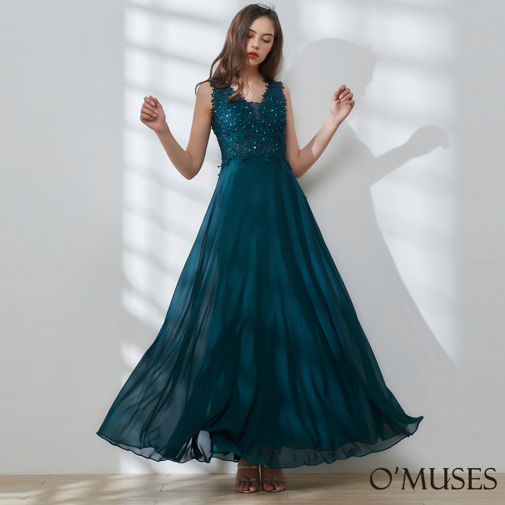 手工雪紡刺繡綠色長禮服19-2025